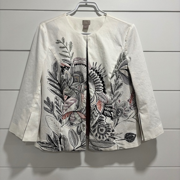 Chico's lined floral print wide 3/4 sleeve open front jacket us size 8/10 - Picture 1 of 15